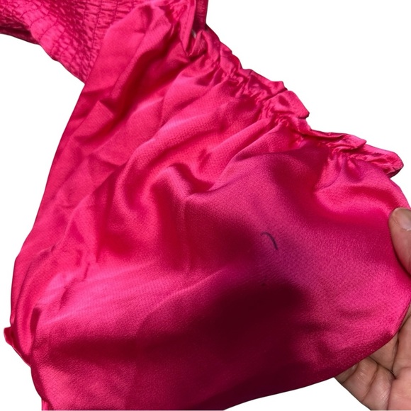 NSR Smocked Fuchsia Pink Party Dress Midi M Puff Sleeves Slit Satiny 3592 READ - Picture 11 of 13